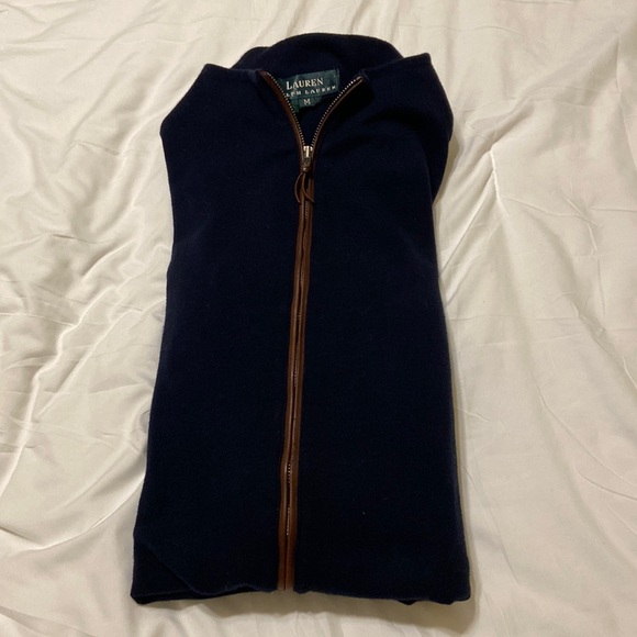 Ralph Lauren Navy Full Zip Up Mock Sweater, Navy/Brown Faux Trim Size M, EUC - Picture 13 of 13
